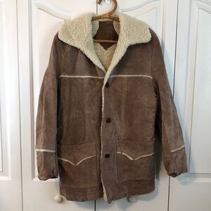 Vintage 70s Marlboro Man Suede Leather Shearling Rancher Coat